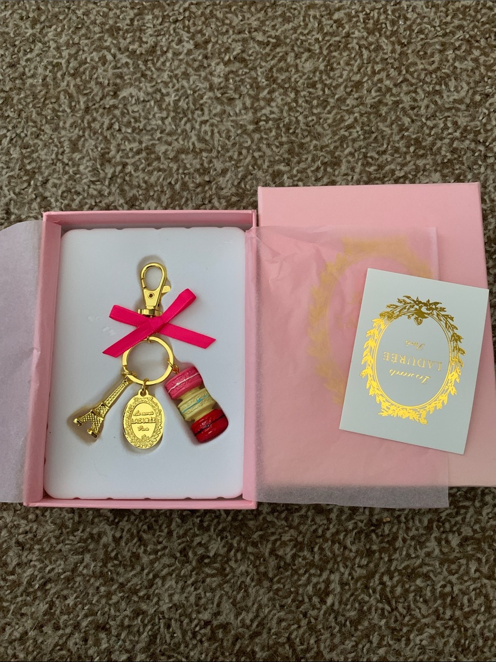NEW! FASHION JEWELRY Brown & Gold Bag Charm - Eiffel Tower & Macaron Accent
